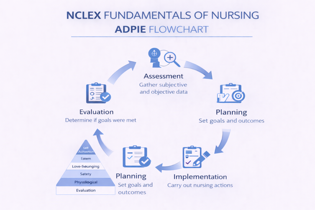 Five-step ADPIE nursing process circular flowchart for NCLEX fundamentals of nursing showing assessment through evaluation with clinical annotations