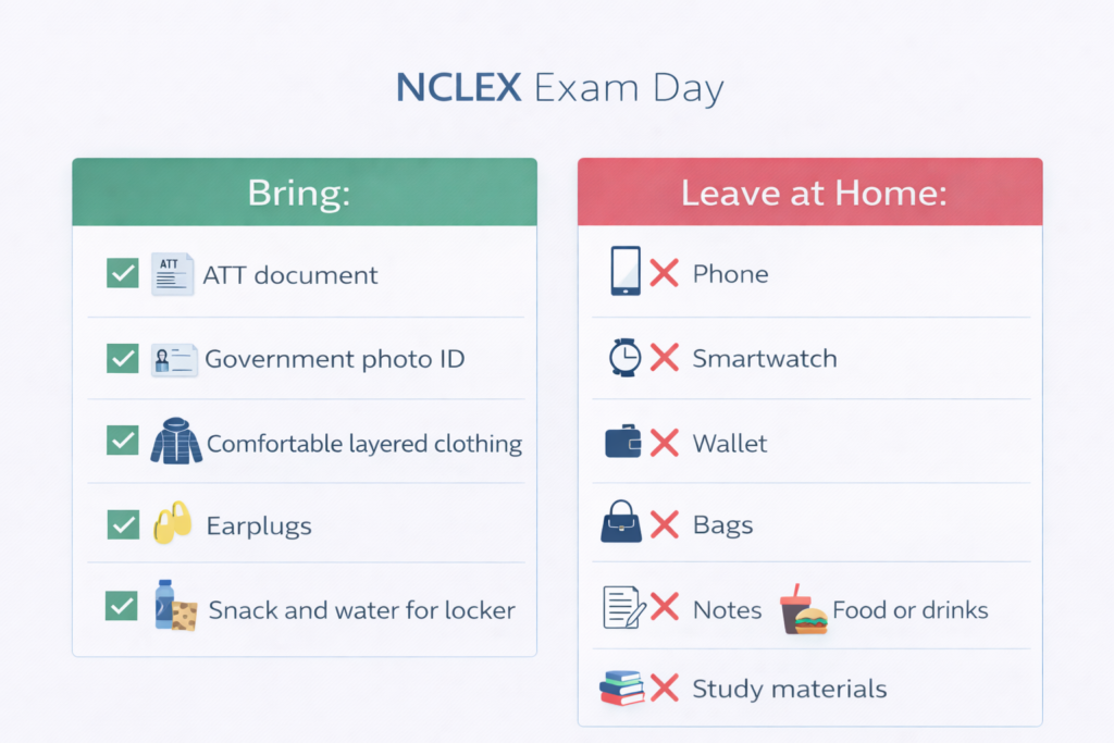 Two-column NCLEX exam day checklist graphic showing what to bring and what to leave at home for the Pearson VUE testing center