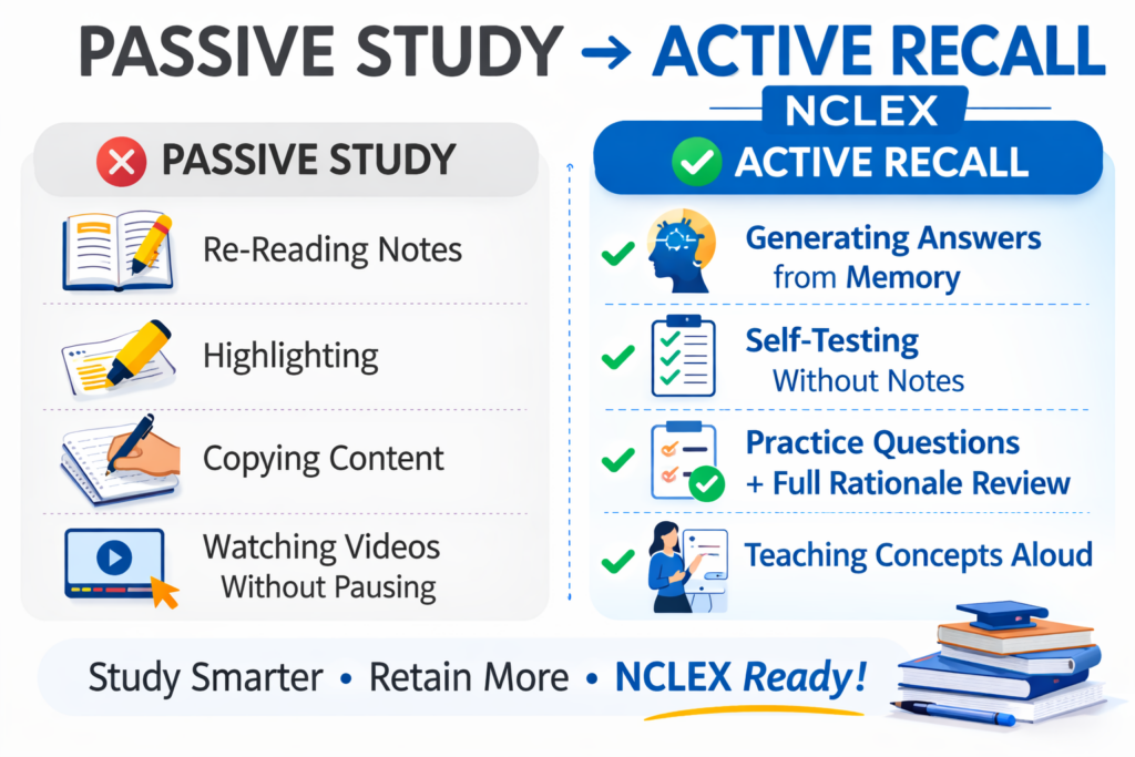 Two-column comparison graphic contrasting passive study methods against active recall NCLEX techniques for nursing exam preparation
