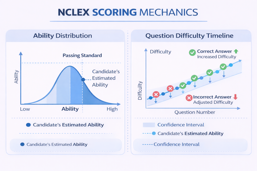 Two-panel diagram showing NCLEX scoring mechanics including ability distribution passing standard and adaptive question difficulty timeline