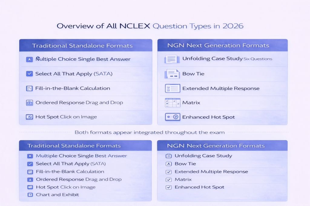 Two-column overview diagram of all NCLEX question types in 2026 showing traditional standalone formats on the left and NGN next generation formats on the right