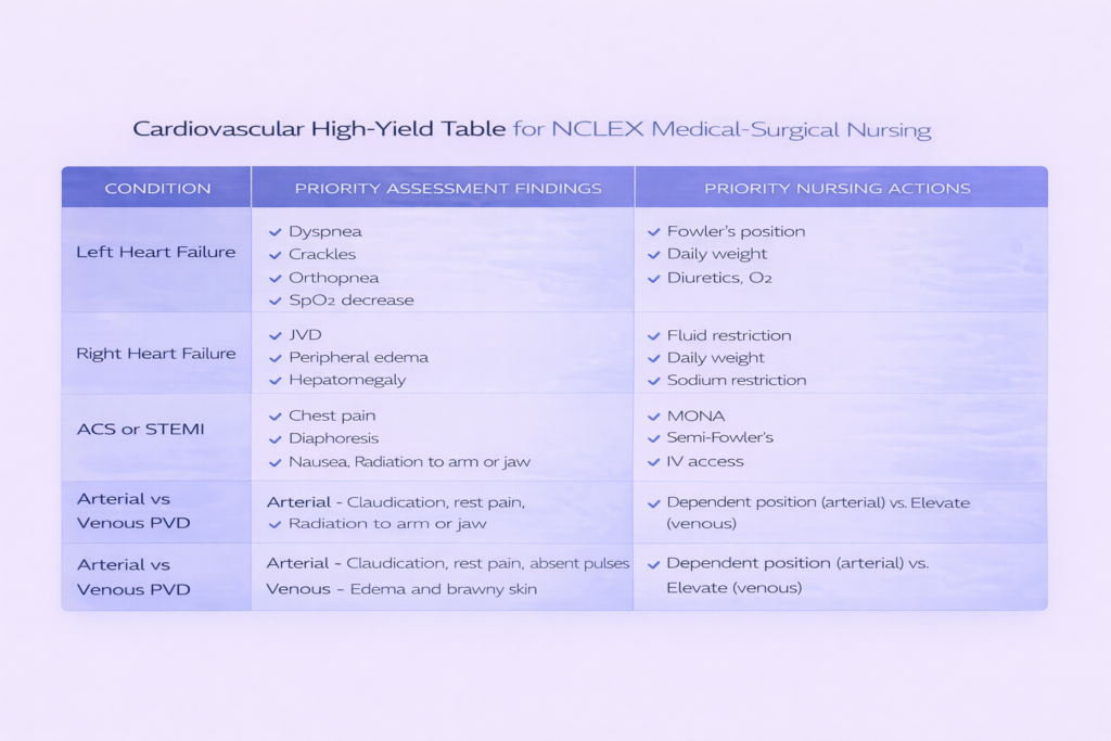Four-row cardiovascular high-yield table for NCLEX medical surgical nursing showing priority assessment findings and nursing actions for heart failure ACS and PVD