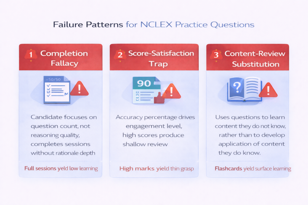 Three-panel failure pattern graphic for NCLEX practice questions showing completion fallacy score-satisfaction trap and content-review substitution error