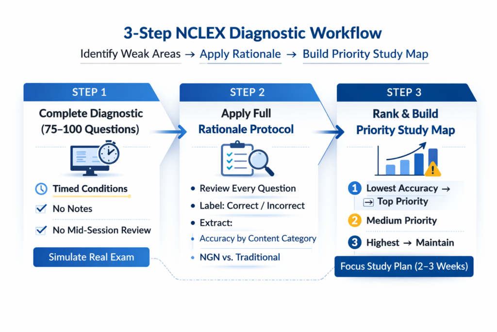 Three-step diagnostic workflow graphic for NCLEX prep showing timed diagnostic assessment rationale analysis and accuracy ranking to build the priority study map