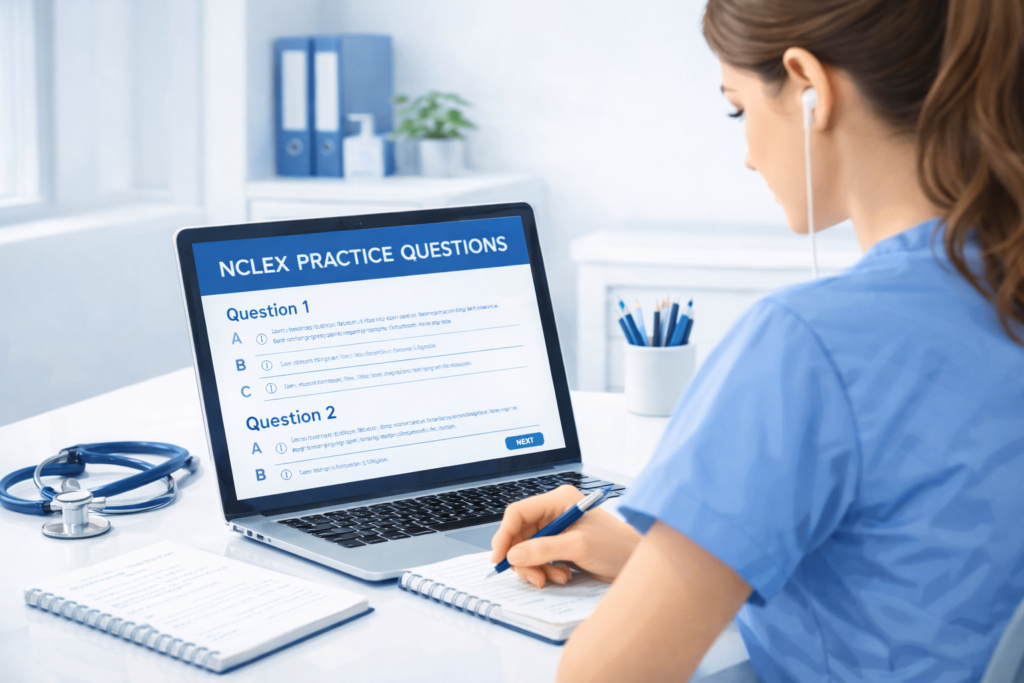 Nursing student practicing NCLEX prep resources question bank on a laptop with detailed rationale explanations on screen.