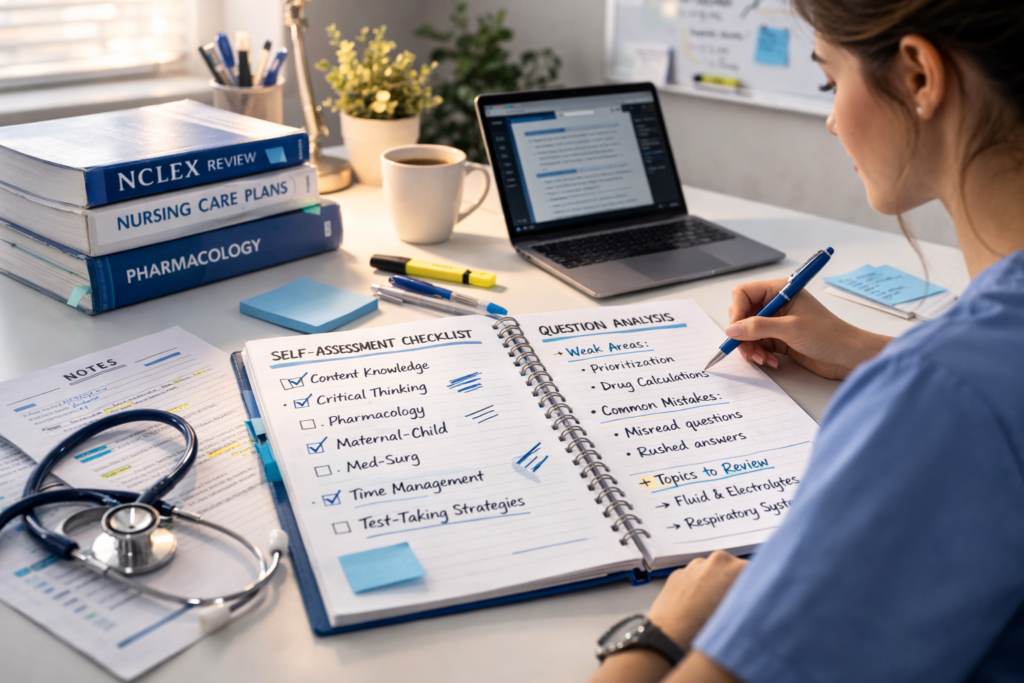 Nursing student analyzing past NCLEX mistakes using a targeted NCLEX review for repeat test takers approach with self-assessment notes.
