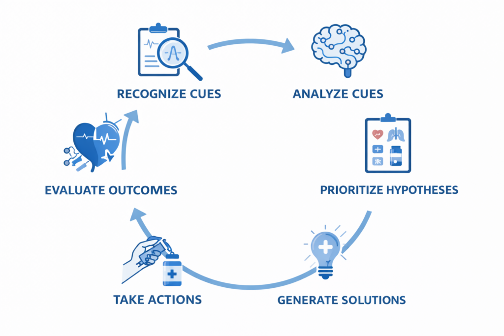 Six cognitive skills of clinical judgment NCLEX model illustrated in a step-by-step diagram