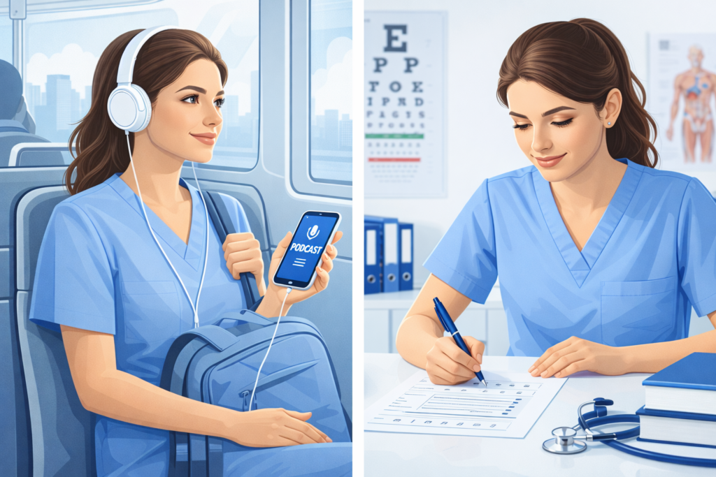 Nursing student listening to nursing podcasts for NCLEX while commuting, then confidently taking the NCLEX exam.