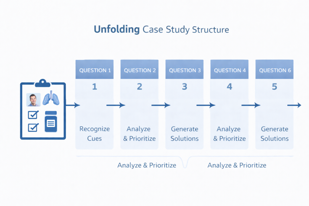 Diagram showing the six-question unfolding structure of NCLEX case studies on the Next Generation NCLEX
