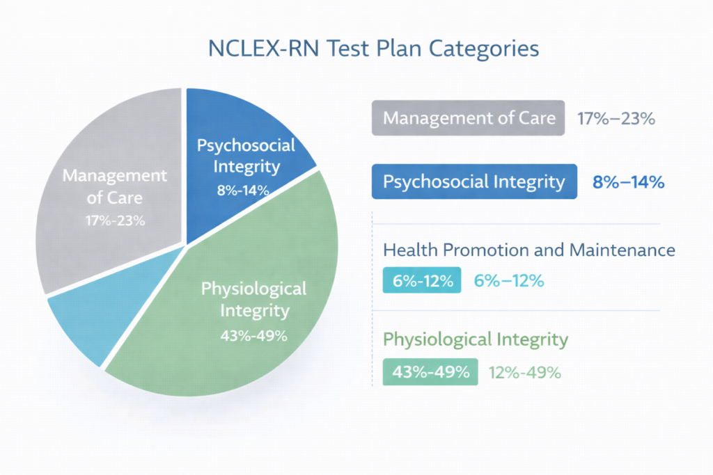 NCLEX-RN test plan breakdown showing psychosocial integrity percentage for NCLEX mental health nursing