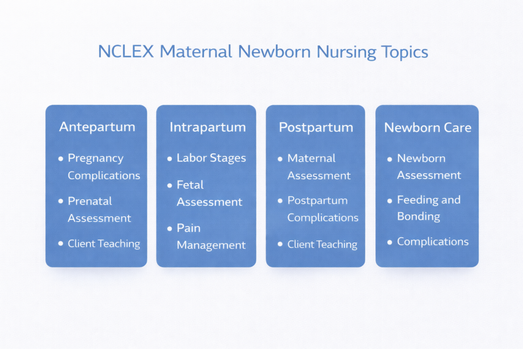 Content map showing the four main areas of NCLEX maternal newborn nursing for organized 2026 exam prep