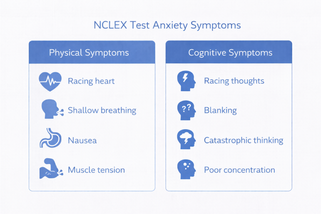 Physical and cognitive symptoms of NCLEX test anxiety illustrated in a two-column symptom diagram