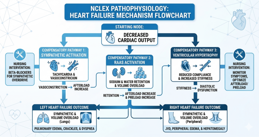 Heart failure mechanism flowchart for NCLEX pathophysiology showing decreased cardiac output triggering compensatory pathways and producing left and right sided clinical manifestations