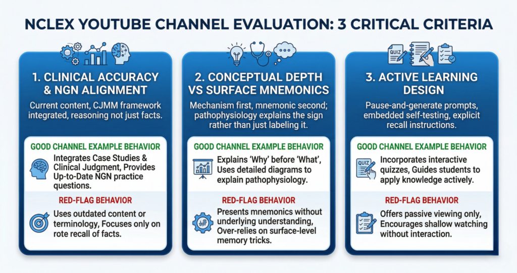 Three-criteria evaluation graphic for NCLEX YouTube channels covering clinical accuracy and NGN alignment conceptual depth versus surface mnemonics and active learning design