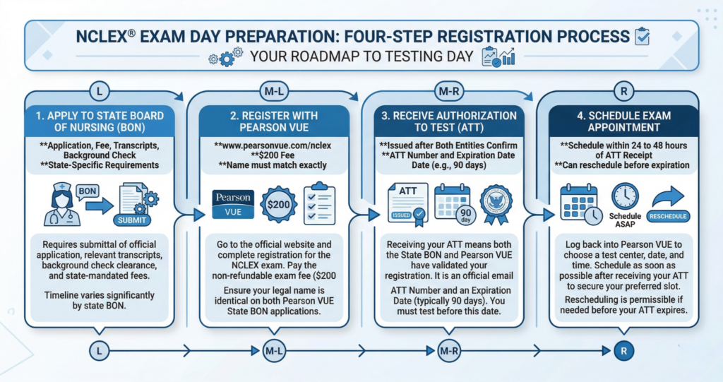 Four-step NCLEX exam day registration flowchart showing state board application Pearson VUE registration ATT receipt and exam scheduling sequence