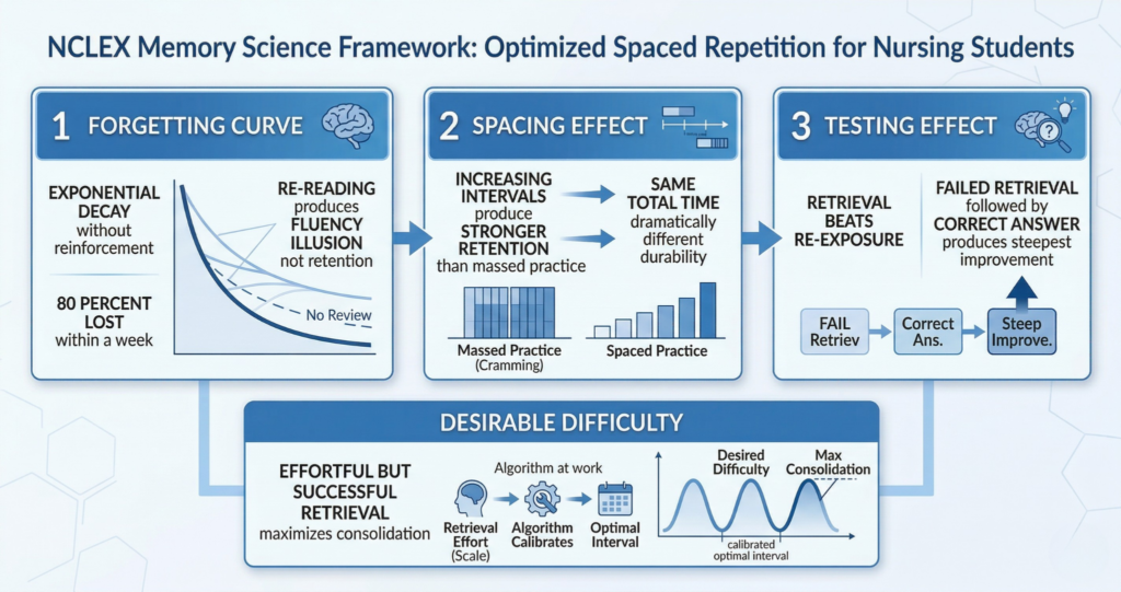 Three-principle memory science framework for NCLEX spaced repetition showing forgetting curve spacing effect and testing effect with desirable difficulty as the unifying principle