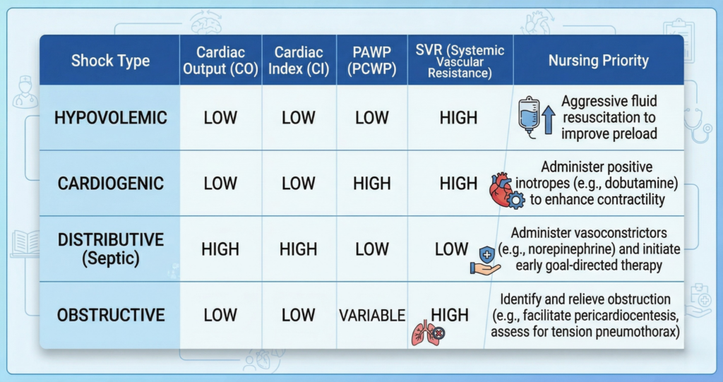 Hemodynamic parameter interpretation table for NCLEX critical care nursing showing four shock type patterns with CO CI PAWP SVR values and nursing priority