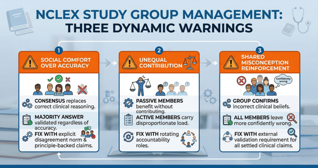 Three-dynamic warning graphic for NCLEX study group management showing social comfort over accuracy unequal contribution and shared misconception reinforcement with structural fixes