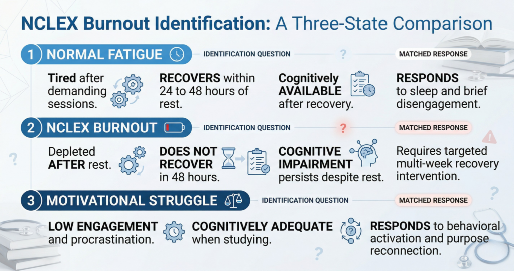 Three-state comparison graphic for NCLEX burnout showing how to distinguish burnout from normal fatigue and motivational struggle with identification questions and matched responses