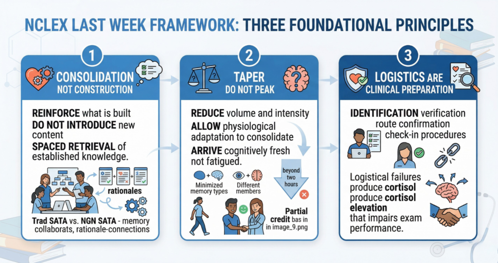 Three-principle graphic for NCLEX last week framework showing consolidation not construction taper not peak and logistics as clinical preparation