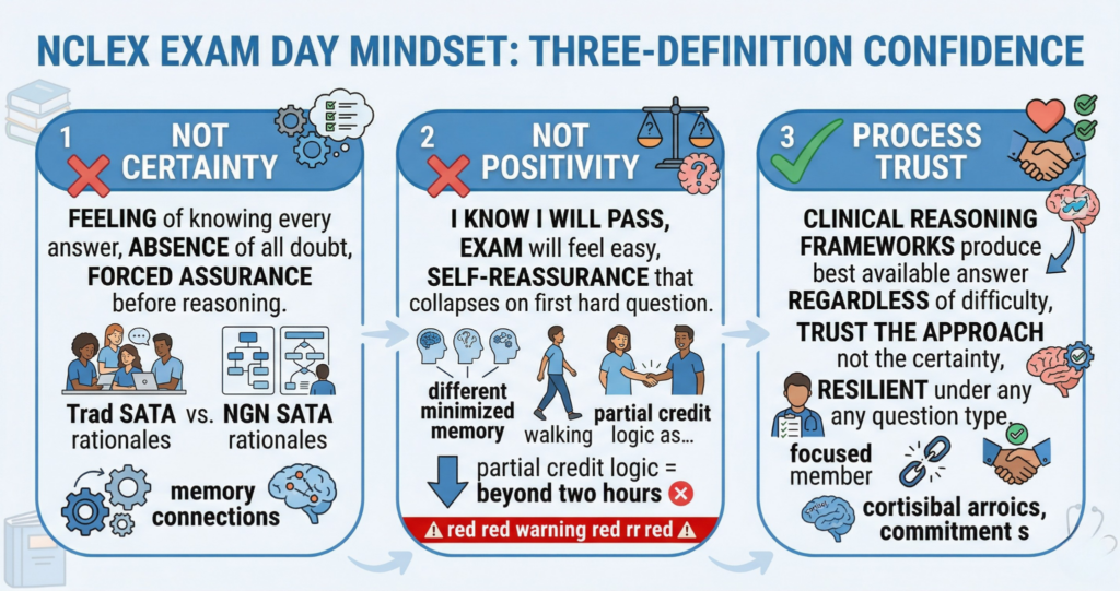 Three-definition graphic for NCLEX exam day mindset showing confidence is not certainty not positivity but process trust in clinical reasoning frameworks