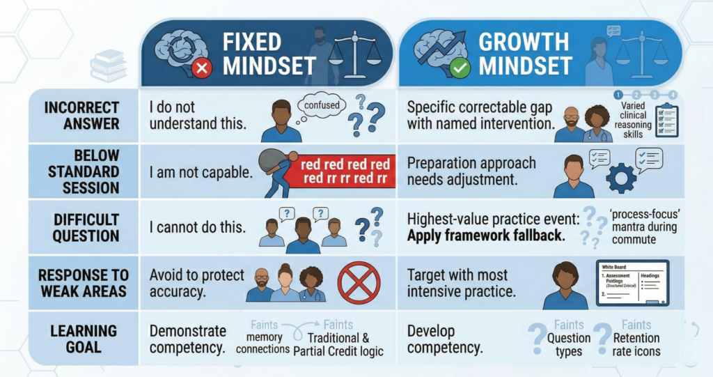 Two-column comparison table for NCLEX prep showing fixed mindset versus growth mindset responses to incorrect answers below standard sessions difficult questions weak areas and learning goals