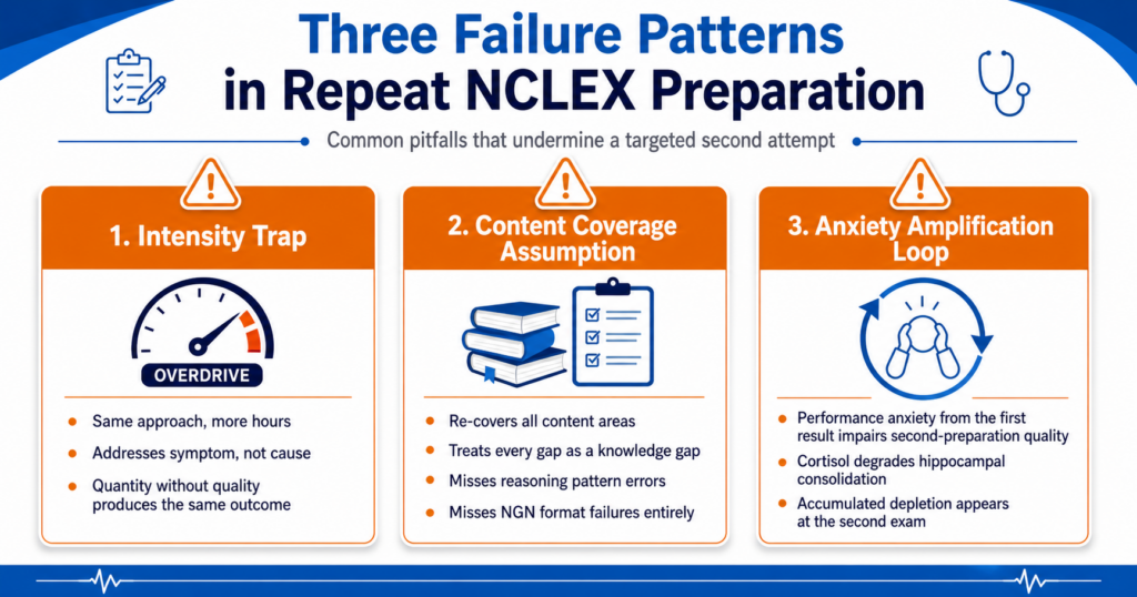 Three-pattern failure analysis for repeat NCLEX test taker preparation showing intensity trap content coverage assumption and anxiety amplification loop