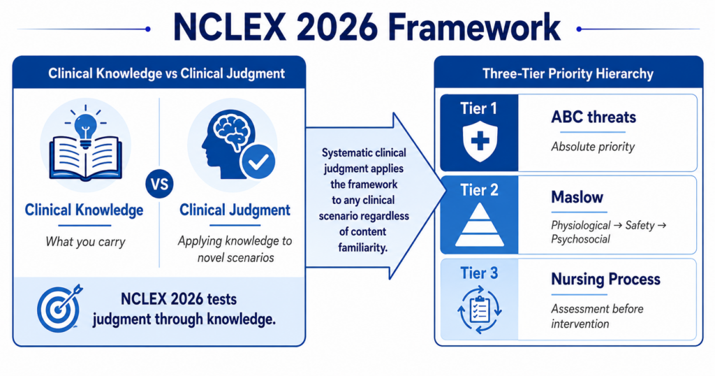 Two-component framework graphic for NCLEX 2026 showing clinical knowledge versus clinical judgment distinction and three-tier priority hierarchy