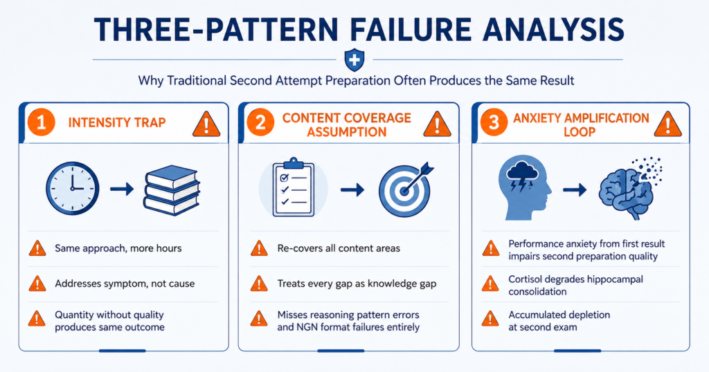 Three-pattern failure analysis for repeat NCLEX test taker preparation showing intensity trap content coverage assumption and anxiety amplification loop