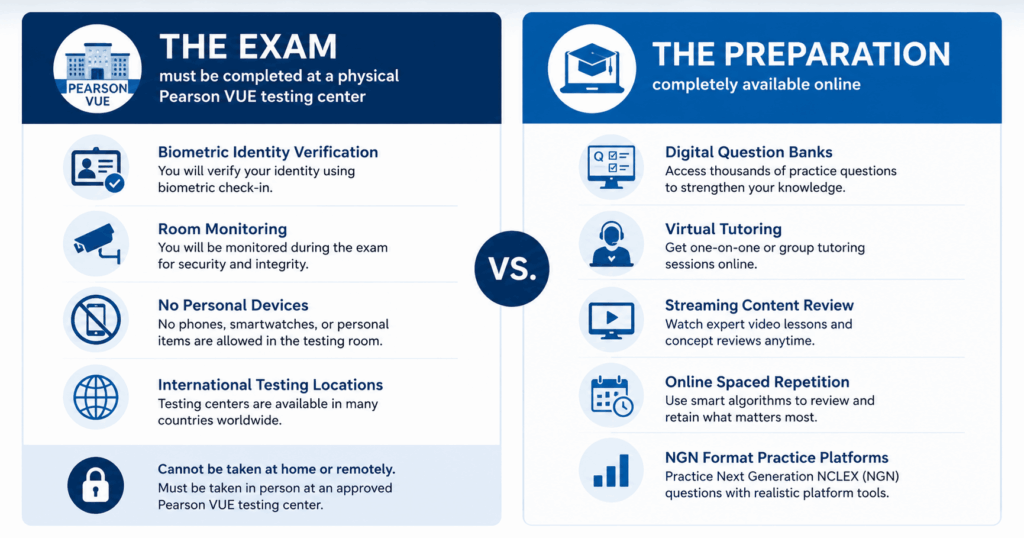 Two-panel comparison for NCLEX online showing the exam requires an in-person testing center while all preparation is available online