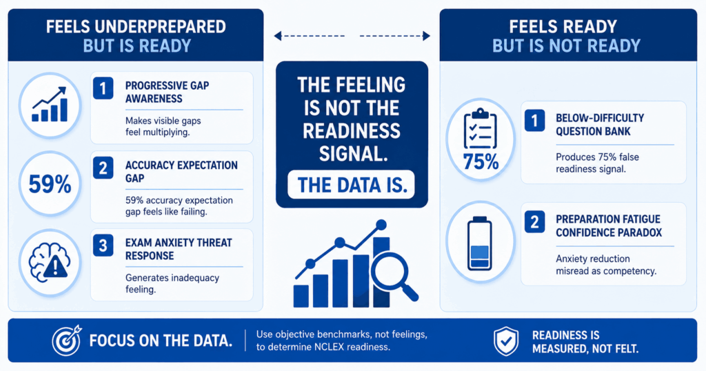 Two-direction distortion graphic for NCLEX readiness assessment showing why ready candidates feel underprepared and underprepared candidates feel ready with center label that data not feeling is the signal