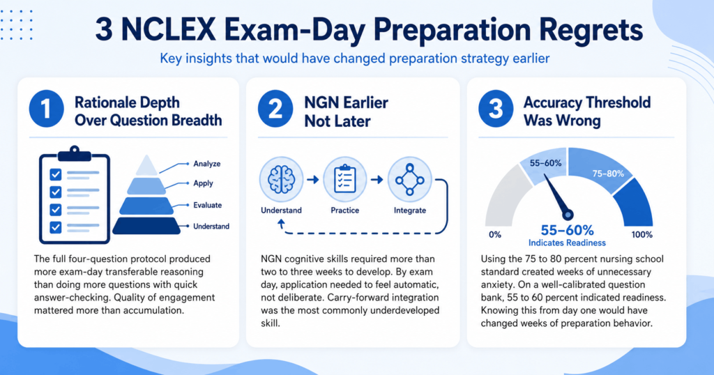 Three-insight graphic for NCLEX exam day revelations showing difficulty increase meaning good performance question presentation differences and NGN case study depth