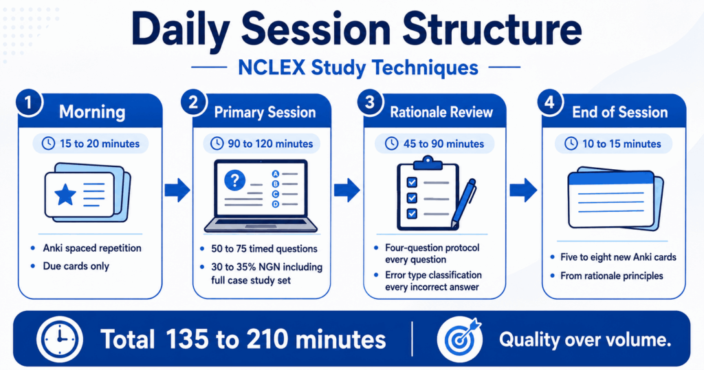 Daily session structure for NCLEX study techniques showing morning Anki primary question session rationale review and card creation with total time and quality-over-volume reminder