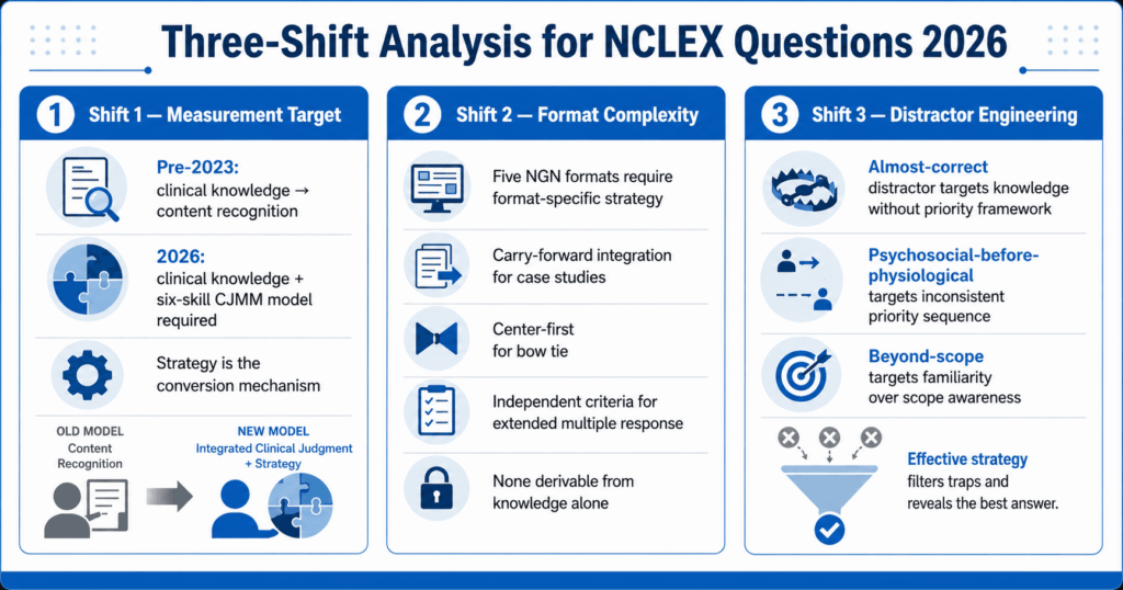Three-shift analysis graphic for NCLEX questions 2026 showing measurement target shift format complexity shift and distractor engineering sophistication shift