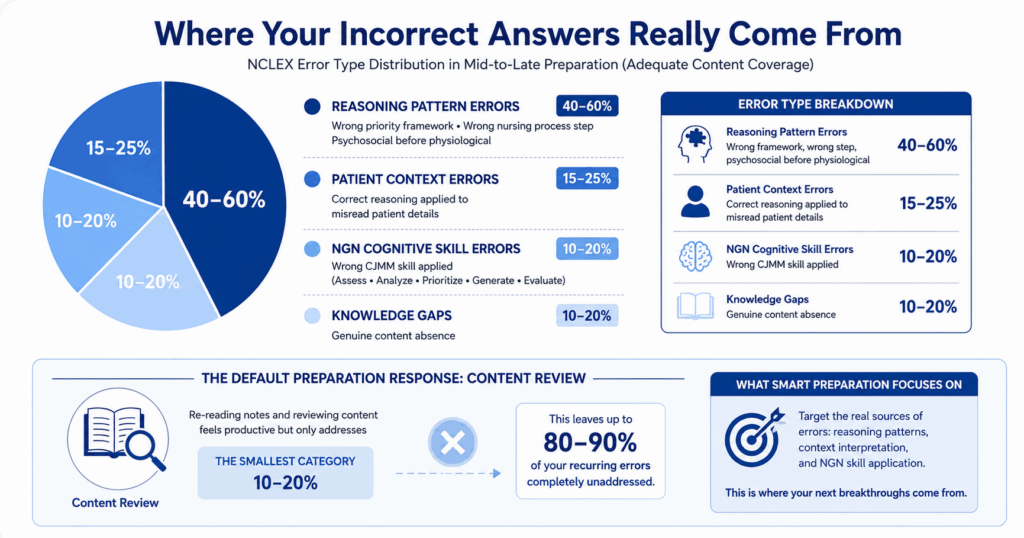 Error type distribution graphic for NCLEX preparation showing reasoning pattern errors 40 to 60 percent patient context errors NGN cognitive skill errors and knowledge gaps with note that content review addresses only the smallest category