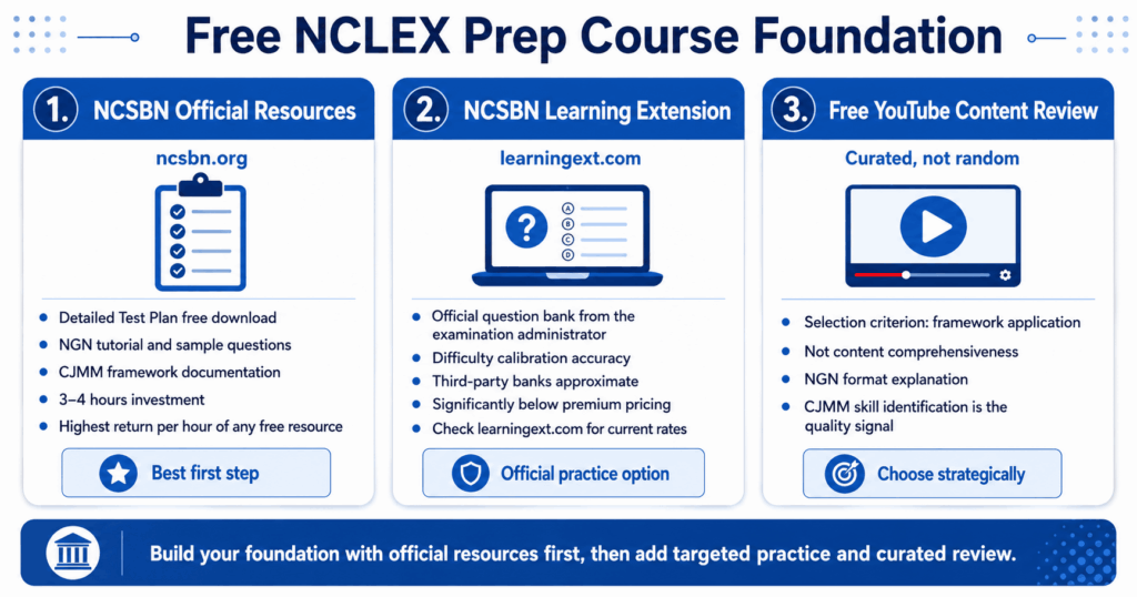 Three-resource graphic for free NCLEX prep course foundation showing NCSBN official resources Learning Extension and curated YouTube content review