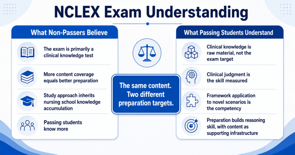 Two-column conceptual comparison for NCLEX exam understanding showing what non-passers believe versus what passing students understand about clinical judgment versus clinical knowledge