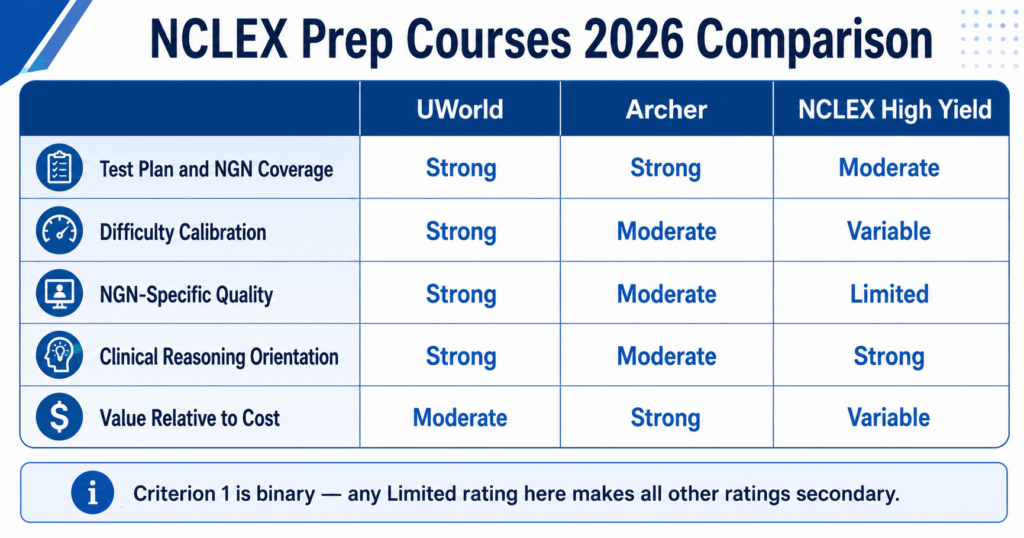 Three-platform scorecard for NCLEX prep courses 2026 showing UWorld Archer and NCLEX High Yield rated across five criteria with note that criterion 1 is binary