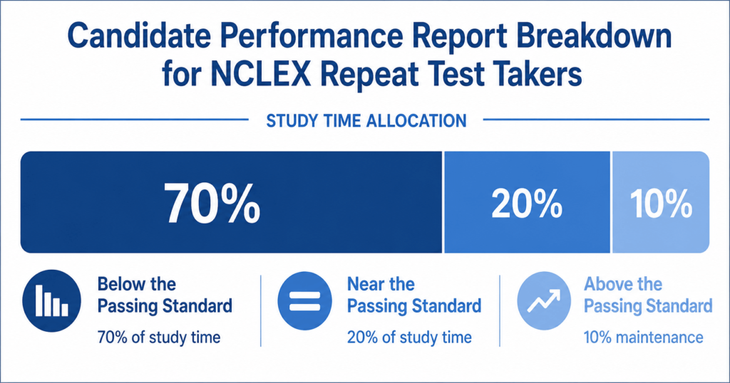 Candidate Performance Report three-category allocation chart for NCLEX repeat test takers showing 70-20-10 study time split