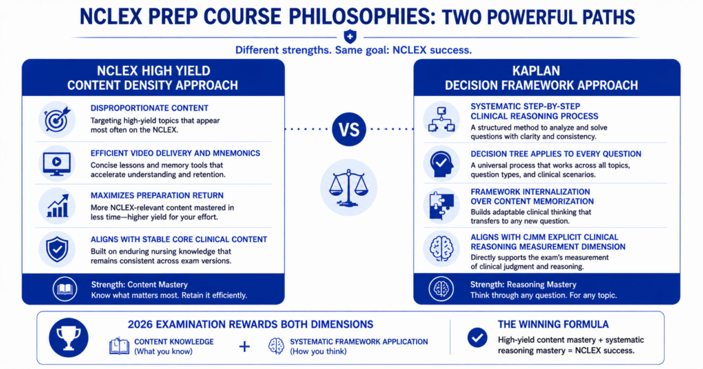 Two-philosophy comparison for NCLEX prep courses showing High Yield content density approach versus Kaplan Decision Framework approach with 2026 examination alignment notes