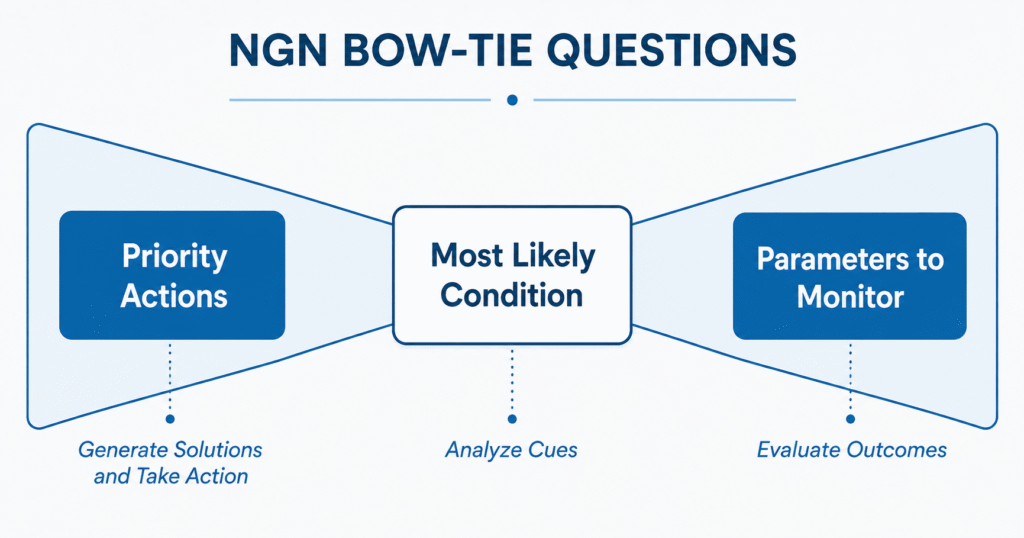 Labeled bow-tie diagram showing center condition box, left priority actions box, and right monitoring parameters box with corresponding CJMM cognitive skills