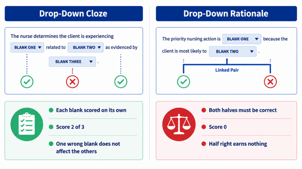 Comparison of drop-down cloze and drop-down rationale scoring showing independent blanks versus linked pairs
