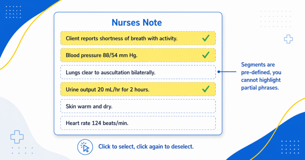 Highlight questions NCLEX diagram showing a nurses note with pre-defined selectable phrases, three highlighted and the rest unselected