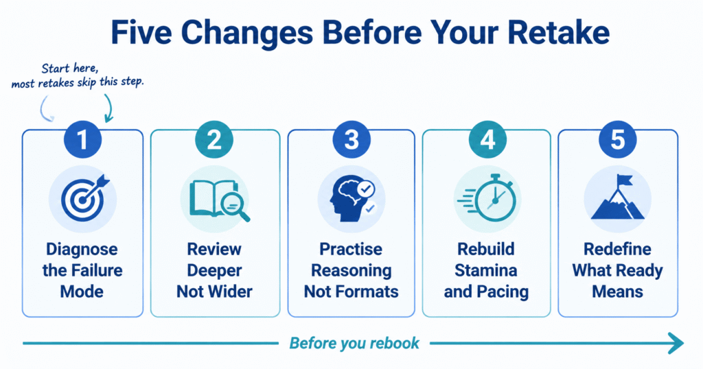 Failed the NCLEX diagram showing five changes repeat test takers should make: diagnose, review deeper, practise reasoning, rebuild stamina, redefine readiness