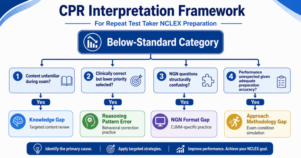 CPR interpretation flowchart for repeat test taker NCLEX preparation showing four diagnostic questions leading to four specific preparation responses
