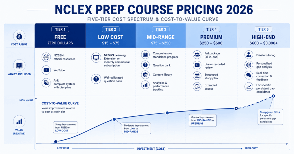 Five-tier cost spectrum for NCLEX prep course pricing 2026 showing each tier's price range included components and cost-to-value curve overlay