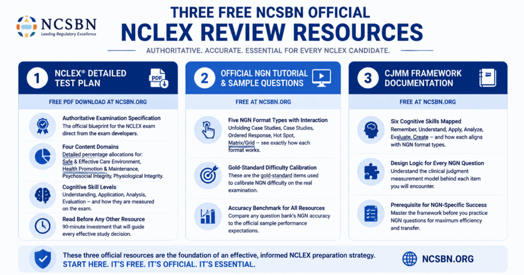 Three-resource graphic for free NCSBN official NCLEX review resources showing Detailed Test Plan NGN tutorial and CJMM framework documentation