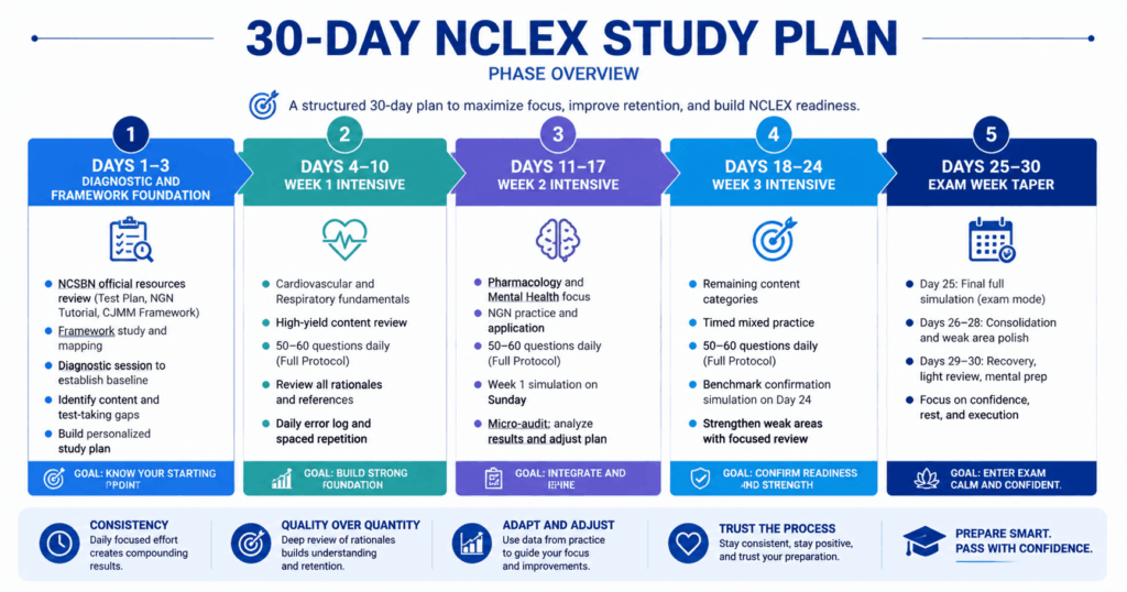 30-day NCLEX study plan phase overview timeline showing five phases with day ranges activities and color coding from diagnostic through exam week taper