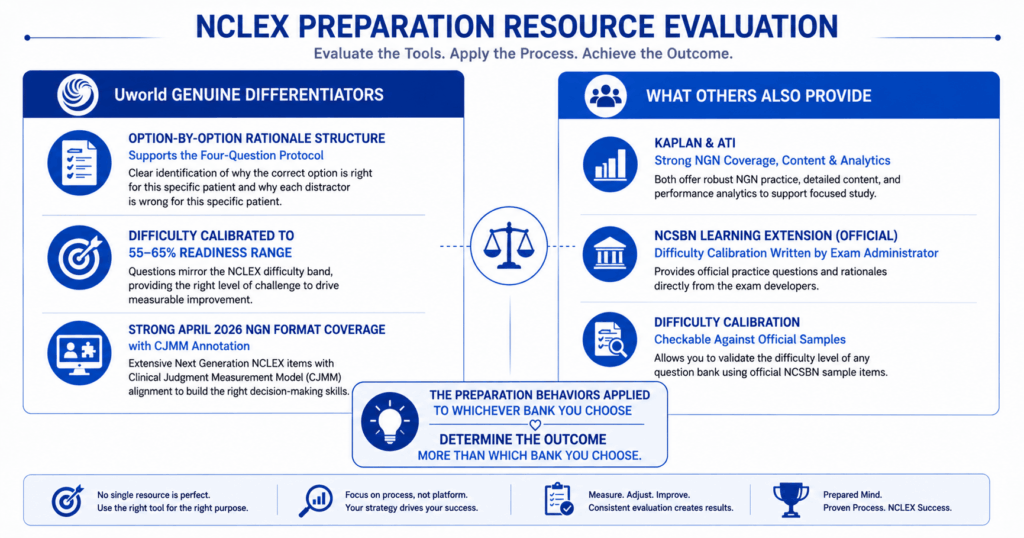 Two-column assessment for NCLEX preparation showing UWorld genuine differentiators versus what other platforms also provide with preparation behavior note