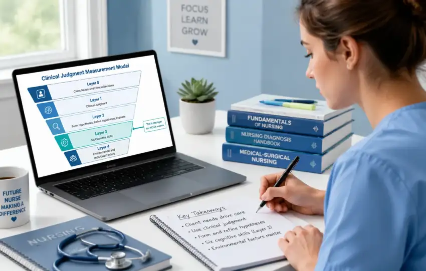 Nursing student studying a clinical judgment framework diagram on a laptop while taking notes